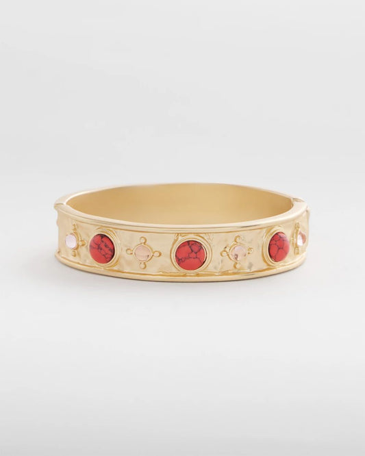 Coral Cab Stone Hinge Bangle Bracelet