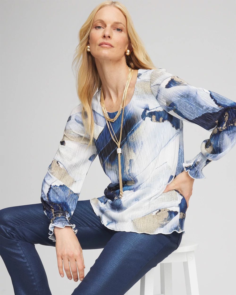 Foil Ocean Print Crinkle Top